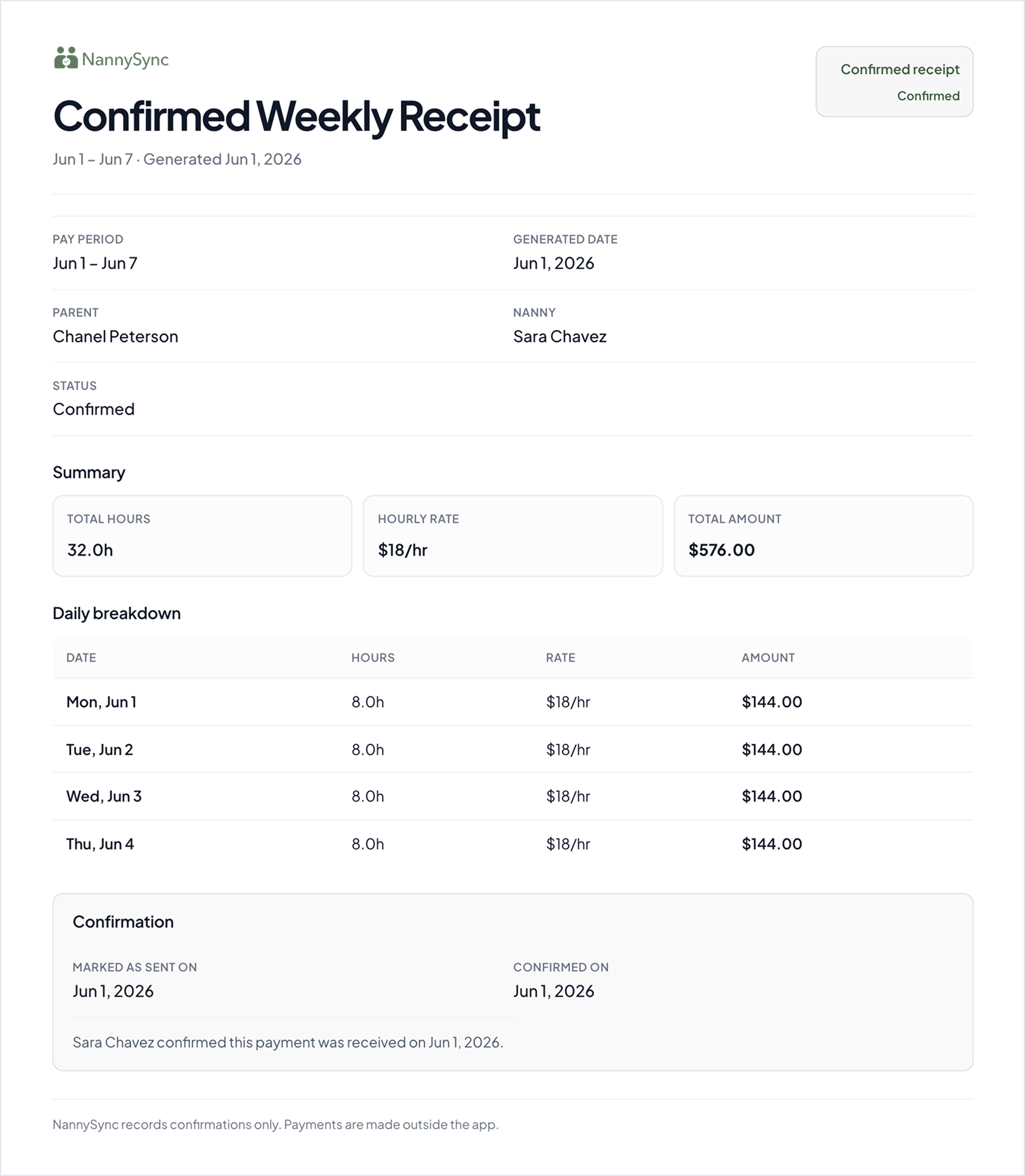 Confirmed receipt interface preview
