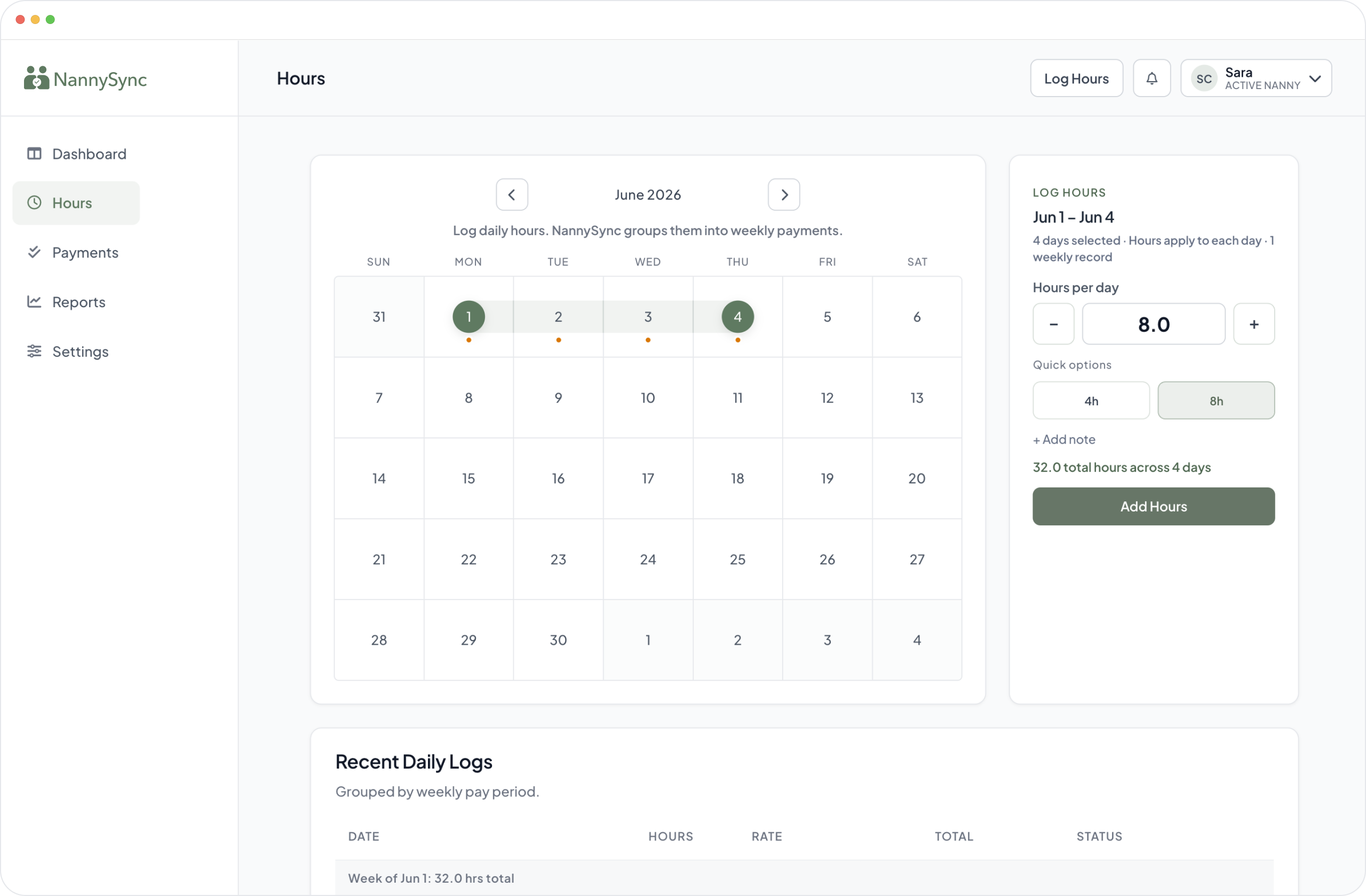 Daily logs interface preview
