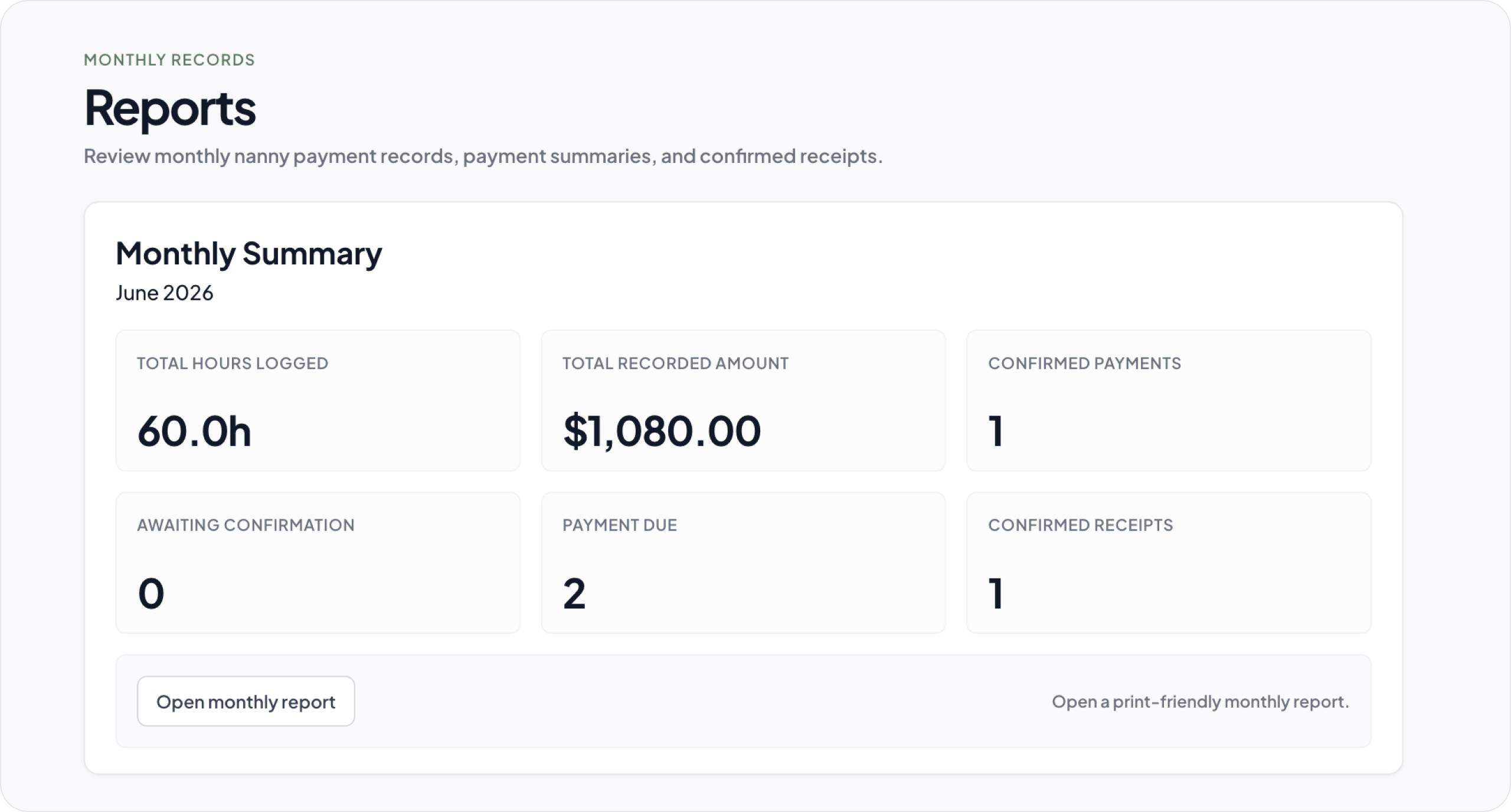 Monthly reports interface preview