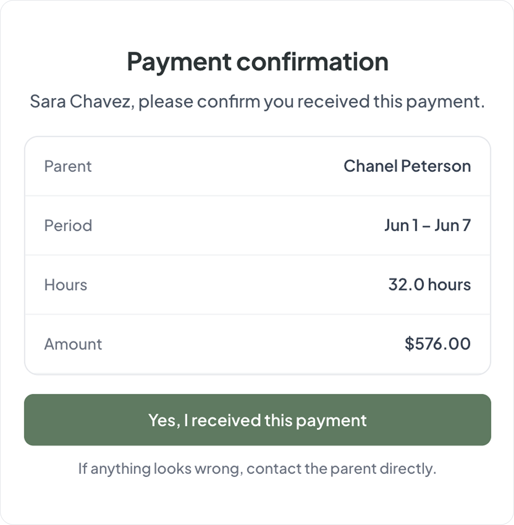 Nanny payment confirmation interface preview